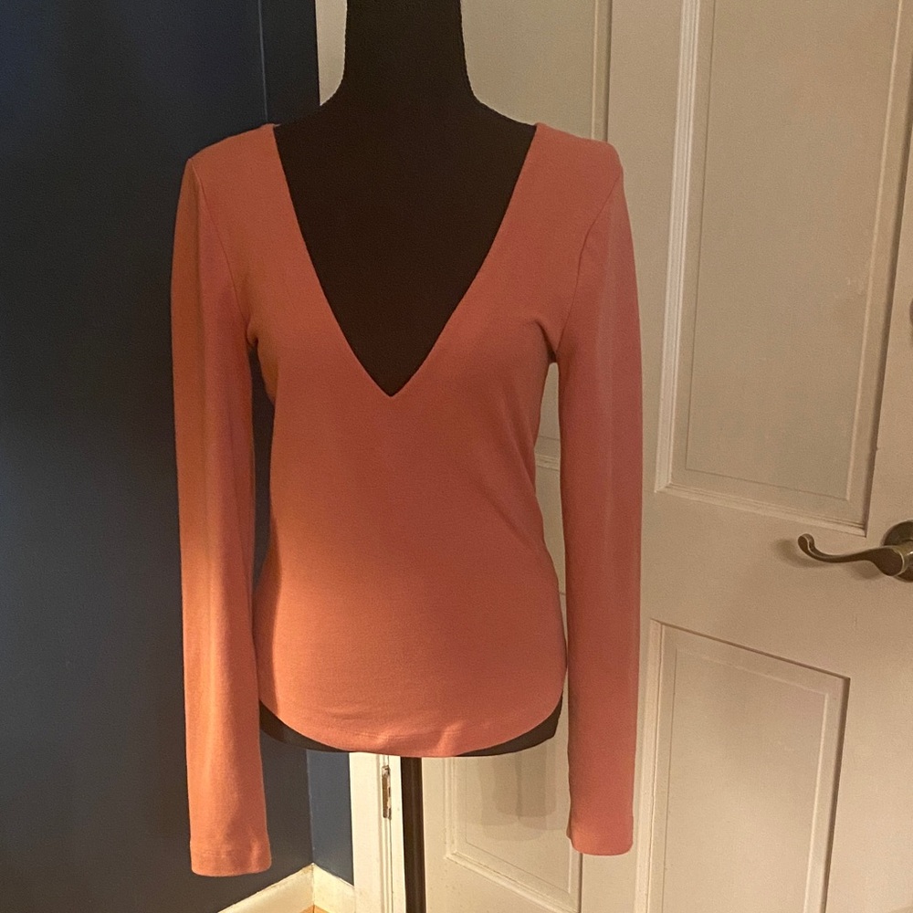Free People Deep V-Neck Long Sleeve Top - Coral